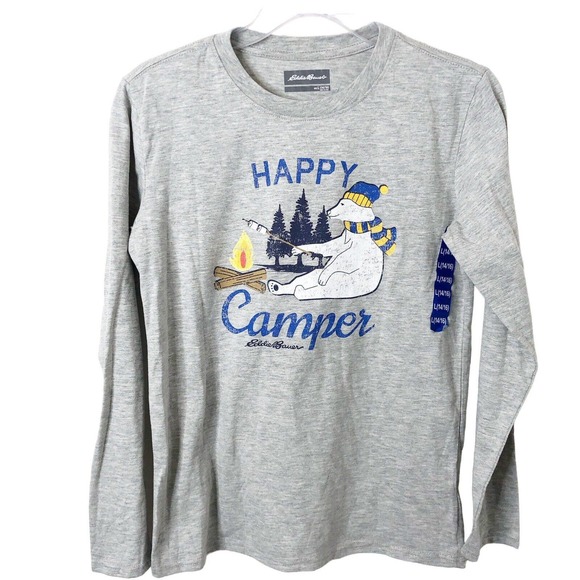 Eddie Bauer NWT Kids' Heather Grey Long Sleeve Happy Camper T-Shirt Large 14/16 - Picture 1 of 7